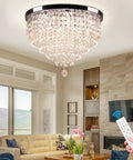 Dope Remote Dimmable 19.7 Inch 5 Tier K9 Crystal LED Ceiling Light Flush Mount Chrome Finish in living area with remote