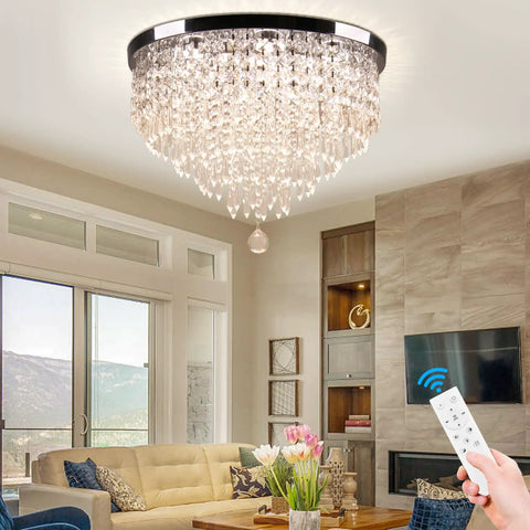 Dope Remote Dimmable 19.7 Inch 5 Tier K9 Crystal LED Ceiling Light Flush Mount Chrome Finish in living area with remote