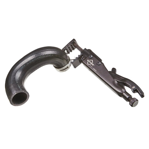 90-Degree Locking Grip Hose Clamp Pliers holding a curved black hose in a secure position for auto, marine, and aviation work
