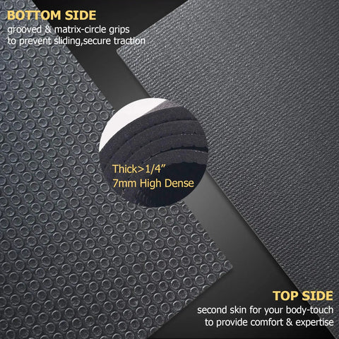 Extra Wide Exercise Mat For Home Gym Flooring Non Slip Durable Cardio Mat Great For Plyo MMA Jump Rope And Weight Training 6x4 6x5 Or 6x6 7mm Thick Shoe Friendly Indoor Or Outdoor Use showing double-sided grip and thickness details