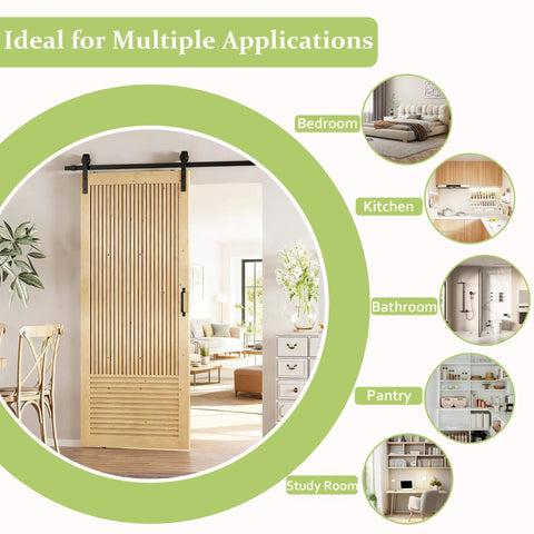 36X84 Inch Sliding Barn Door With Six Point Six Foot Hardware Kit Included Pre Drilled And Easy To Assemble Unfinished Solid Core Natural Pine Interior Door For DIY Projects Rustic Farmhouse Style For Your Home Reno installed in living area.
