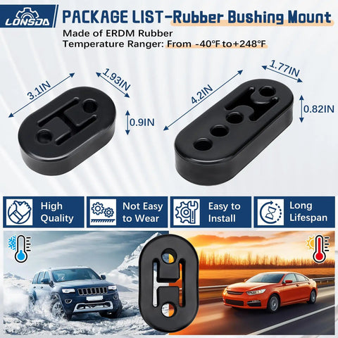 Universal Exhaust Hanger Kit For Quick Strong Mounts 16 Piece Set showing rubber bushings with dimensions and features.