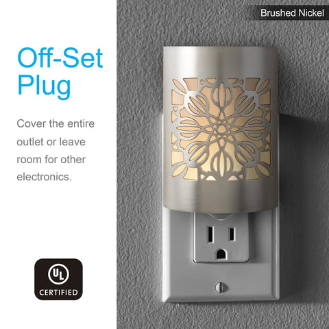 CoverLite LED Night Light With Floral Brushed Nickel Finish, Plug In Smart Dusk To Dawn Sensor, decorative outlet cover