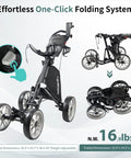 Heavy Duty Aluminum Golf Push Cart With No Fuss Quick Release Fold Build And Low Drag Eva Wheels For Easy Rolling Down The Fairway Dark Gray Edition showing one-click folding system and dimensions.