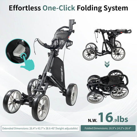 Heavy Duty Aluminum Golf Push Cart With No Fuss Quick Release Fold Build And Low Drag Eva Wheels For Easy Rolling Down The Fairway Dark Gray Edition showing one-click folding system and dimensions.