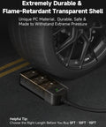 Outdoor Weatherproof Power Strip With 3 Outlets, 5 Foot Cord shown under car tire, highlighting durable and flame-retardant shell.