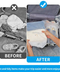 Comparison of messy packing versus organized packing using waterproof travel drawstring shoe bags 5 pack clear shoe organizer 15.7x11.8 in.