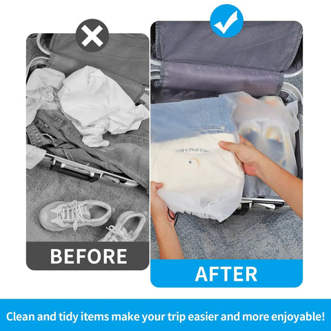 Comparison of messy packing versus organized packing using waterproof travel drawstring shoe bags 5 pack clear shoe organizer 15.7x11.8 in.