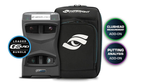 GCQuad Golf Launch Monitor With Quadrascopic Four Camera System, black case, and add-on feature labels.