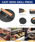 Cast-iron 6-inch grill press with wooden handle; part of 18-piece Blackstone flat-top griddle kit