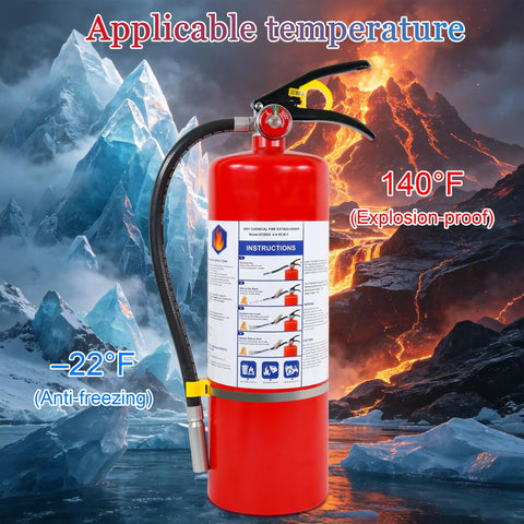 Heavy Hitter 10 Lb ABC Dry Chemical Fire Extinguisher With Wall Mount, showing temperature ratings on a fiery and icy background.