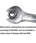 No Sweat 1/4-20 Nylon Insert Hex Lock Nuts 18-8 Stainless Steel Hardware Bulk Pack 50 Count with wrench showing nylon insert.