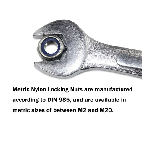 No Sweat 1/4-20 Nylon Insert Hex Lock Nuts 18-8 Stainless Steel Hardware Bulk Pack 50 Count with wrench showing nylon insert.