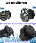 Comparison of Dual USB 12V Marine Outlet With Switch vs others, showing on/off switch, waterproof cover, blue LED features
