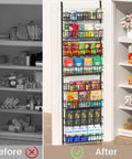 Before and after image showing the Eight Tier Pantry Door Organizer In Black Super Sturdy Over The Door Storage Bins.