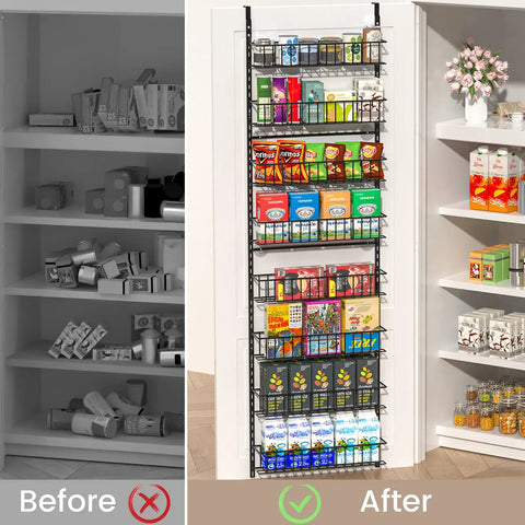 Before and after image showing the Eight Tier Pantry Door Organizer In Black Super Sturdy Over The Door Storage Bins.
