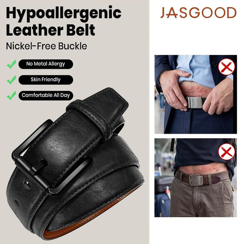 Nickel Free Leather Belt For Men Non Metal TSA Friendly Travel Belt Airport Ready With Black Plastic Buckle Hypoallergenic