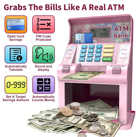 Kid Friendly Debit Card Piggy Bank With 4 Digit PIN Realistic Bank Style For Real Money Coin Recognition Balance Tracker