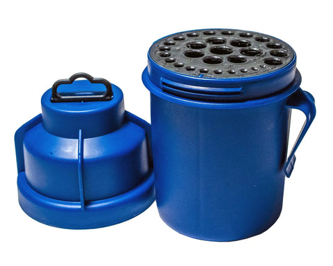 Jobber Length Drill Bit Pod Organizer With 29 Slots For 1/16 To 1/2 Inch Bits, Twist Lock Lid in blue, open view