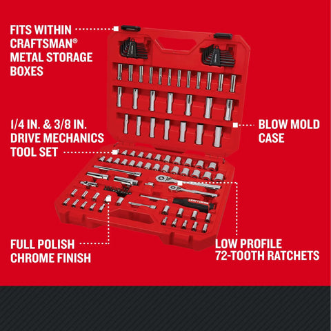 105 Piece Mechanics Tool Set With SAE And Metric Sockets in durable blow mold case with low profile 72 tooth ratchets
