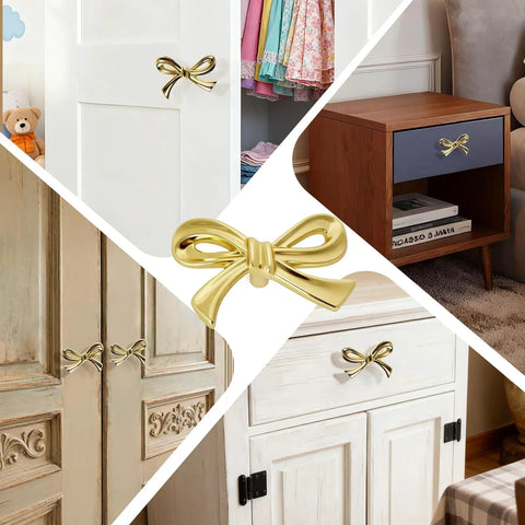 Brushed Gold Bow Dresser Knobs Set Of 8 installed on cabinets and drawers in girls bedroom and nursery, showcasing chic bow accent.