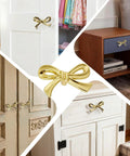 Brushed Gold Bow Dresser Knobs 4 Pack Large Decorative Cabinet Drawer Pulls on various furniture types, two size options
