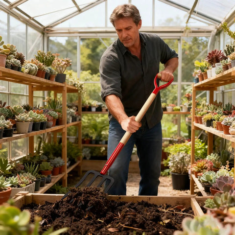 Person using Beefy Heavy Duty Garden Fork With Wooden Handle 4 Tine Pitch Fork For Digging And Compost 45 Inch Long in greenhouse