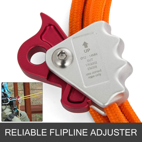 Close-up of orange braided rope with red metal adjuster used in Beefy Steel Core Flip Line Kit 5/8 Inch By 12 Ft Wire Core Flipline.
