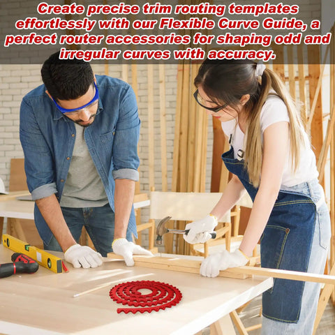 Two people using Red 78 Inch Router Edge Guide Templates Kit With Flexible Curve Ruler for woodworking on a table.