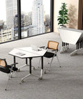 Foldable Office Desk With Hella Smooth Rolling Wheels And Rock Solid Steel Frame, adjustable mobile workstation in modern office.
