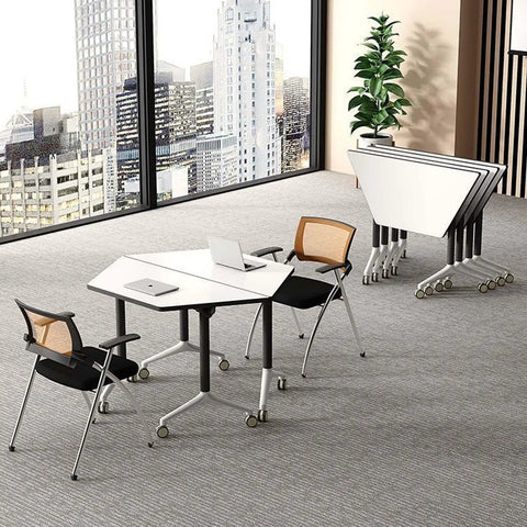 Foldable Office Desk With Hella Smooth Rolling Wheels And Rock Solid Steel Frame, adjustable mobile workstation in modern office.