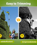 Comparison of 20V Cordless Pole Hedge Trimmer With 20 Inch Blades 9 Feet Reach Extension Pole and traditional ladder trimming.