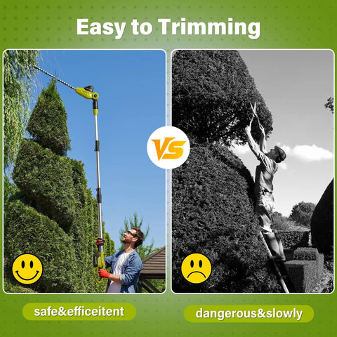 Comparison of 20V Cordless Pole Hedge Trimmer With 20 Inch Blades 9 Feet Reach Extension Pole and traditional ladder trimming.