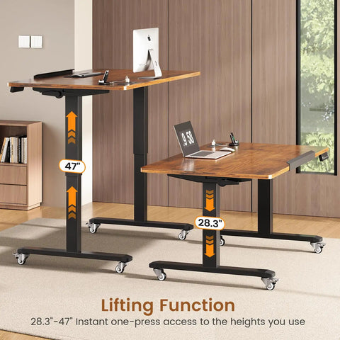 Massive 47 X 24 Inch Electric Standing Desk With 180 Degree Tiltable Mobile Rising Adjustable Height Workstation showing lifting function and height adjustments.