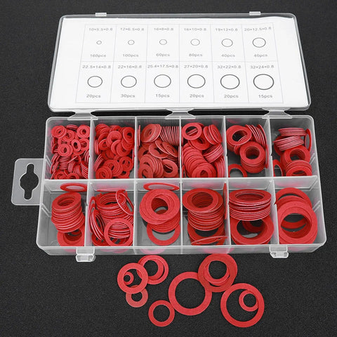 Heavy Duty Red Steel Paper Insulation Washers Kit With 600 Pieces In 9 Sizes For Transformer And Electrical Appliances Pro Grade Elastic And Abrasion Resistant Washers For Better Insulation And Secure Mounting, assorted red washers in organizer
