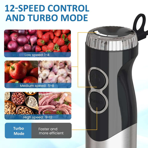 Total Beast 1000W Hand Blender With 12 Speed Immersion Tool And Turbo Function showcasing speed control settings with food images.