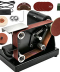 SporGain Mini Belt Sander With 7 Adjustable Speeds And Dual Worktables showcasing its grinder, polishing discs, and accessories.