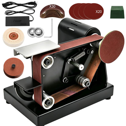 SporGain Mini Belt Sander With 7 Adjustable Speeds And Dual Worktables showcasing its grinder, polishing discs, and accessories.