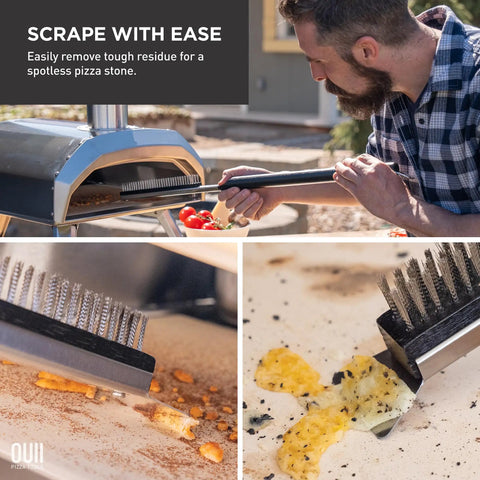 Man using 26 Inch Pizza Oven Brush With Stone Scraper Set Includes Two Brush Heads Heat Resistant Stainless Steel Bristles Long Grip Handle