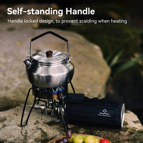 Lightweight 0.6 Liter Stainless Steel Camping Kettle With Locking Anti Hot Handle on campfire stove