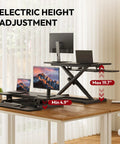 Sanodesk 35 Inch Electric Height Adjustable Standing Desk Converter Riser With Large Keyboard Tray Ergonomic Sit Stand Monitor Workstation For Home Office Black Color Ready To Use Out Of Box Fast Assembly showing height adjustment features.