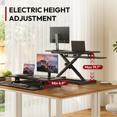 Sanodesk 35 Inch Electric Height Adjustable Standing Desk Converter Riser With Large Keyboard Tray Ergonomic Sit Stand Monitor Workstation For Home Office Black Color Ready To Use Out Of Box Fast Assembly showing height adjustment features.