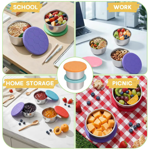 Six Pack 8oz Stainless Steel Snack Containers For Kids With Silicone Lids in various settings including school, work, and picnic.