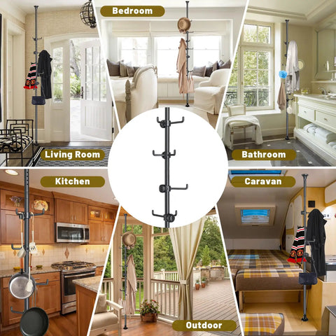 Freestanding Coat Rack With 56-125 Inch Adjustable Tension Rod 12 Hook Coat Tree Stand For Hallway Entryway Living Room Bedroom Kitchen Office No Drill Setup Black in various room setups.