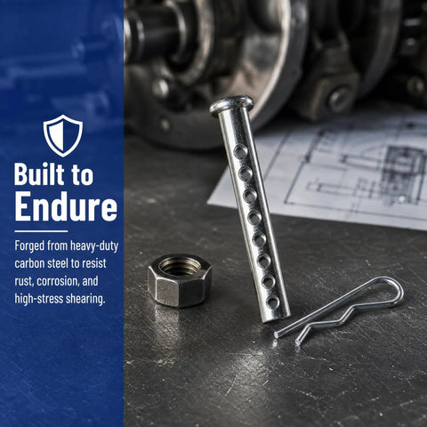 One Quarter Inch Clevis Pin With Eight Holes For Precise Length Adjustment, Heavy Duty Carbon Steel With R Clip, Eight Pack For Hitch Receivers, Drawbars, And Implements, Delivers A Snug Rattle Free Fit, with r clip and nut