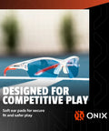 Protective Eyewear For Pickleball Players With Lightweight Game Ready Impact Resistant Frame Anti Fog And Anti Scratch Lenses 99 Percent UV Shield Includes Clear Smoke And Blue Tint Lenses Soft Non Slip Nose Pads For Secure Fit shown on blue surface