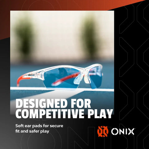 Protective Eyewear For Pickleball Players With Lightweight Game Ready Impact Resistant Frame Anti Fog And Anti Scratch Lenses 99 Percent UV Shield Includes Clear Smoke And Blue Tint Lenses Soft Non Slip Nose Pads For Secure Fit shown on blue surface