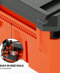 Side view of MODbox Medium Deep Tool Box With Beefy Heavy Duty Organizer Removable Tray showing built-in side rails for accessories.