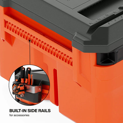 Side view of MODbox Medium Deep Tool Box With Beefy Heavy Duty Organizer Removable Tray showing built-in side rails for accessories.