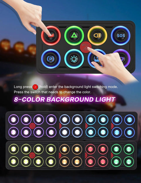 Hands operating Beefy 8 Gang Switch Panel 12V 24V IP68 Waterproof With Four Modes Toggle Momentary Pulse SOS Eight Color Backlit